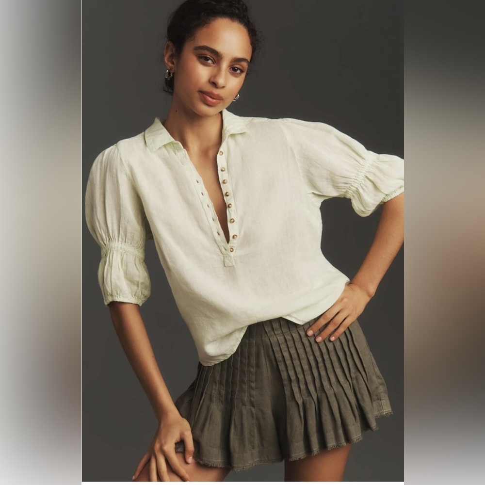 Pilcro/Anthropologie The Tallulah Double Puff Sleeve Blouse in Cucumber in S NWT